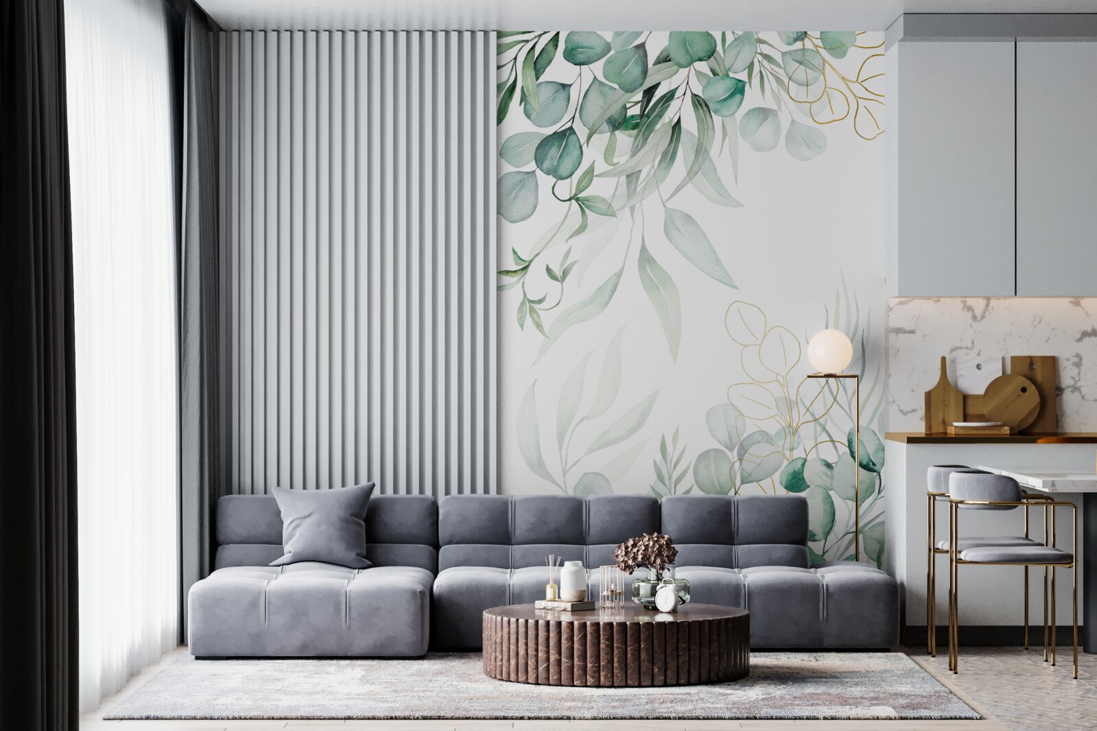 Papier peint Les feuilles d'eucalyptus sont vertes et jaunes.