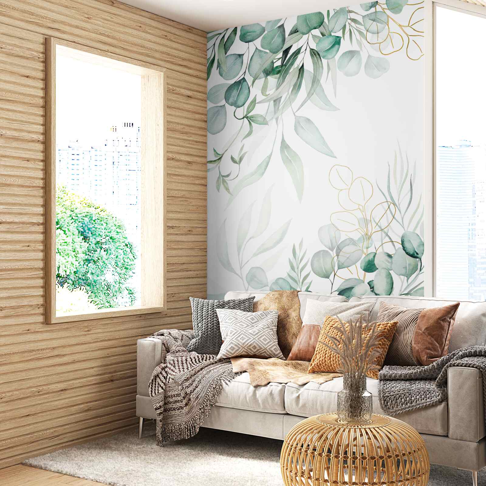 Papier peint Les feuilles d'eucalyptus sont vertes et jaunes.