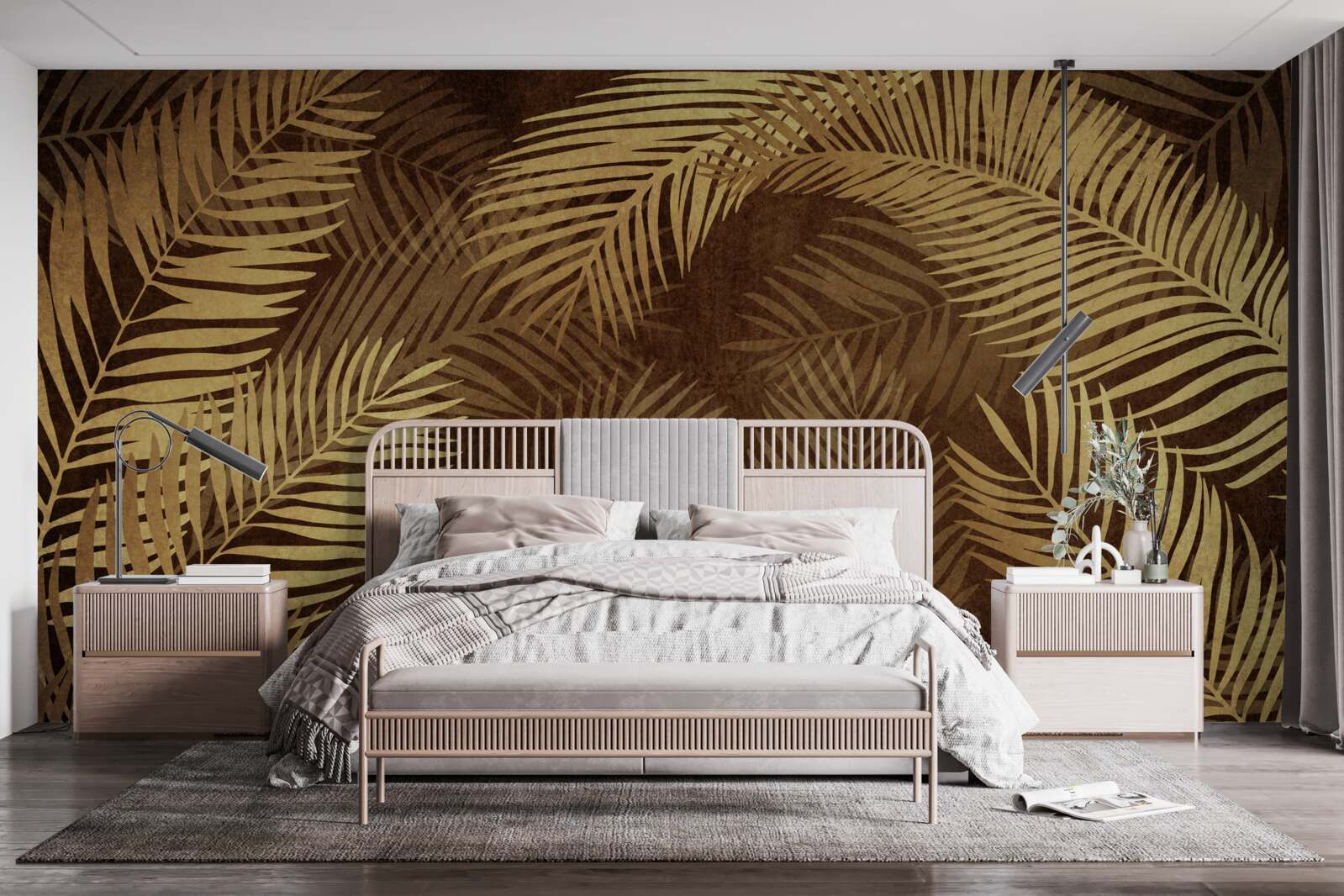 Papier peint feuilles de fougère en brun