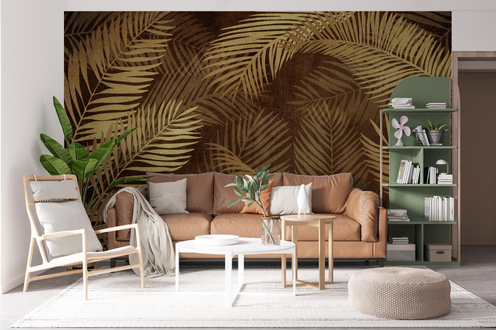 Papier peint feuilles de fougère en brun