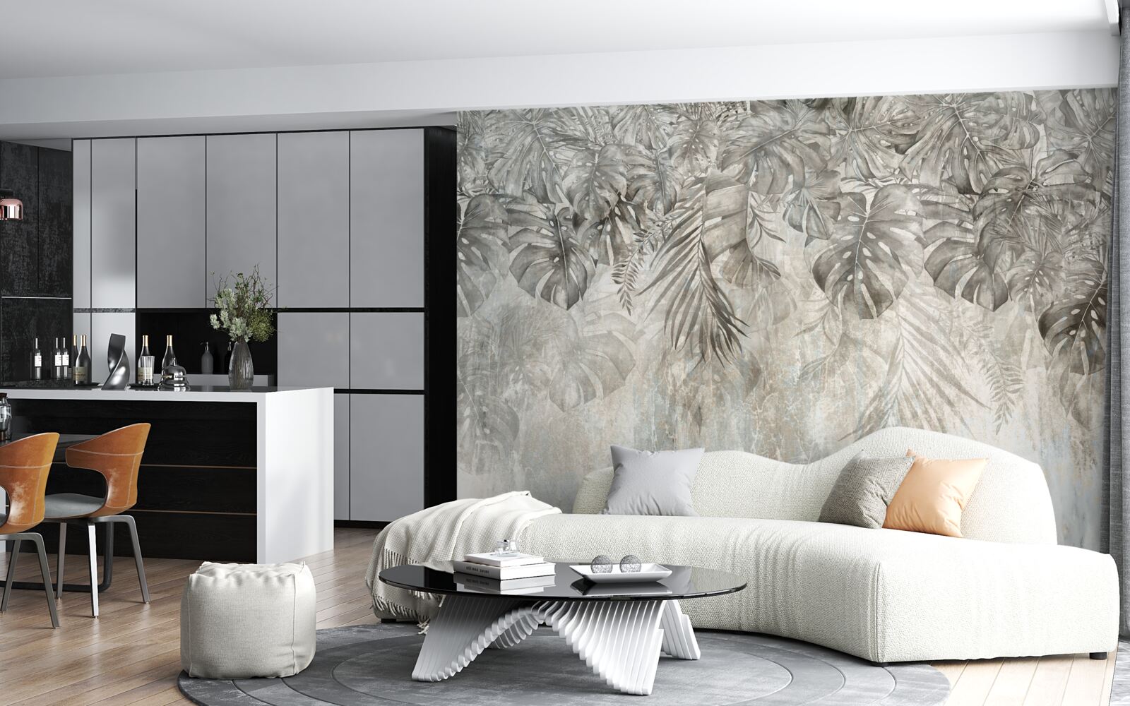 Papier peint feuilles tombant dans la brume de la jungle