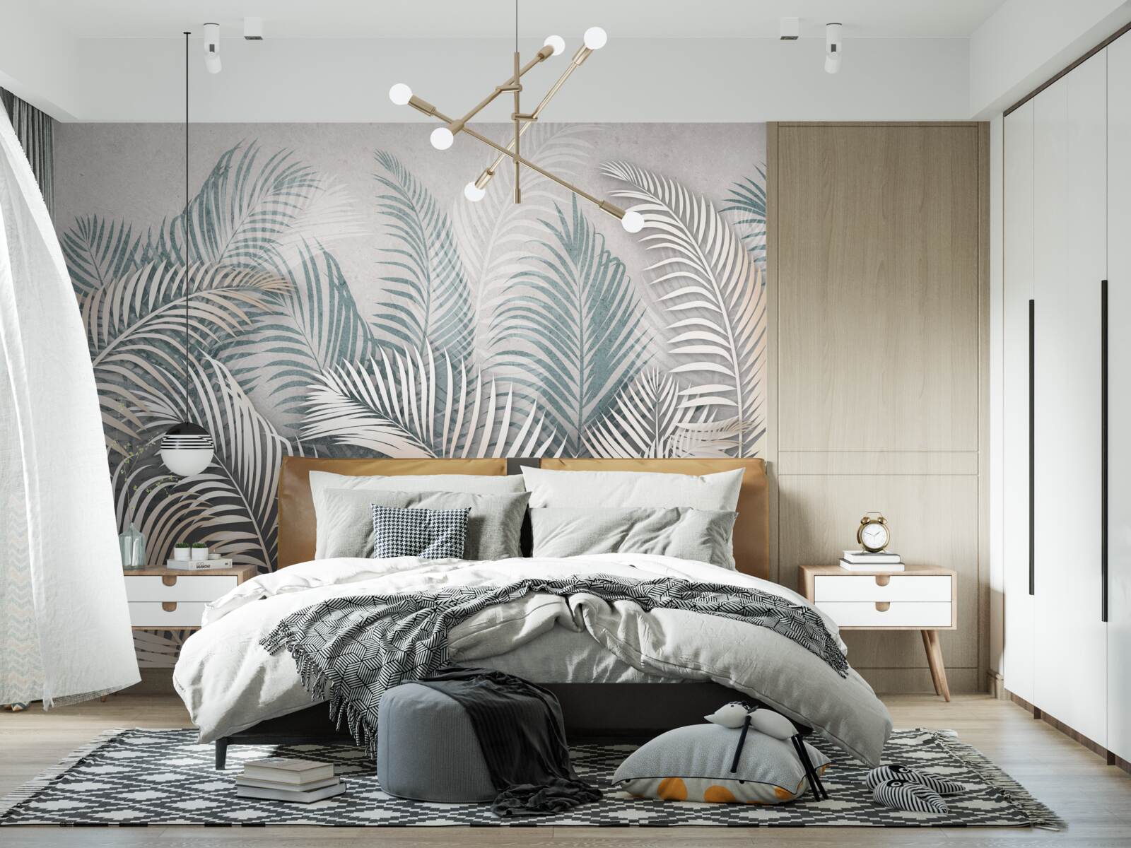 Papier peint feuilles de fougère dans les tons de brun et de vert