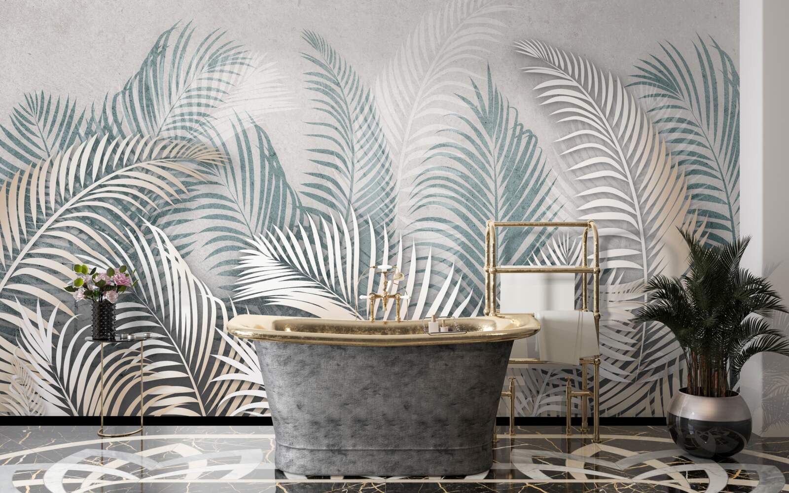 Papier peint feuilles de fougère dans les tons de brun et de vert