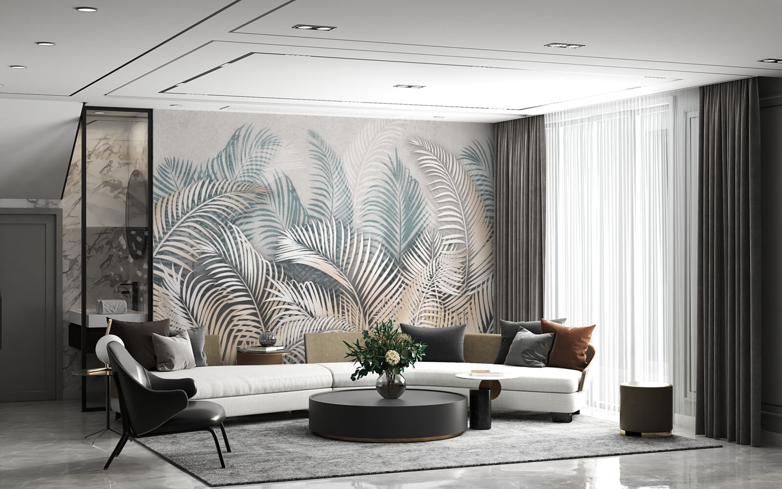 Papier peint feuilles de fougère dans les tons de brun et de vert