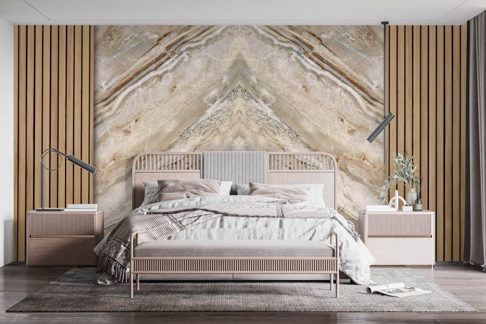 Papier peint bois vertical avec marbre clair