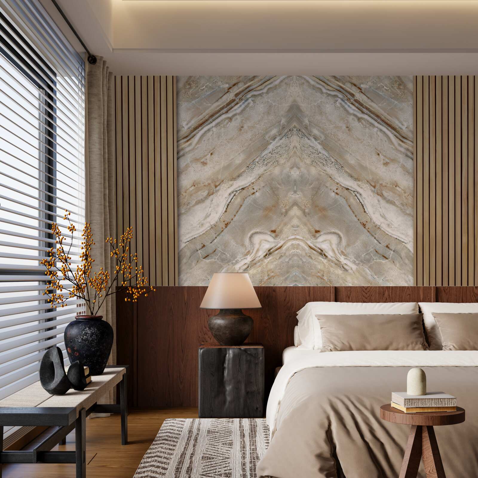 Papier peint bois vertical avec marbre clair