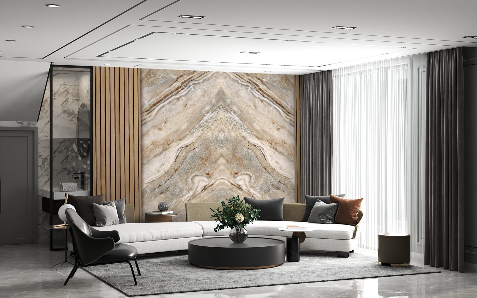 Papier peint bois vertical avec marbre clair