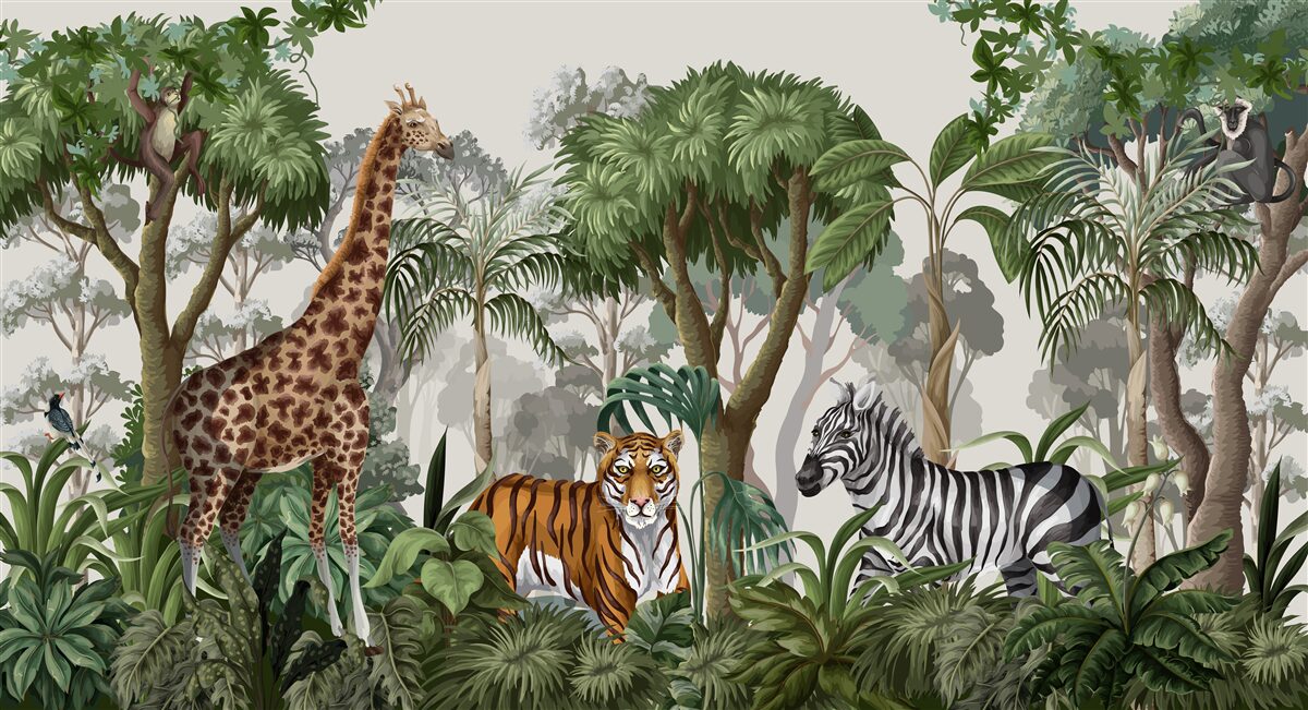 Papier peint animaux d'afrique dans un environnement forestier