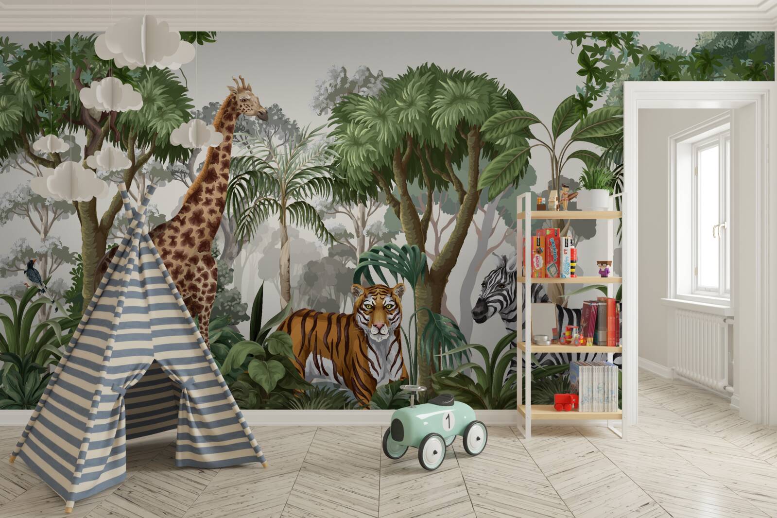 Papier peint animaux d'afrique dans un environnement forestier