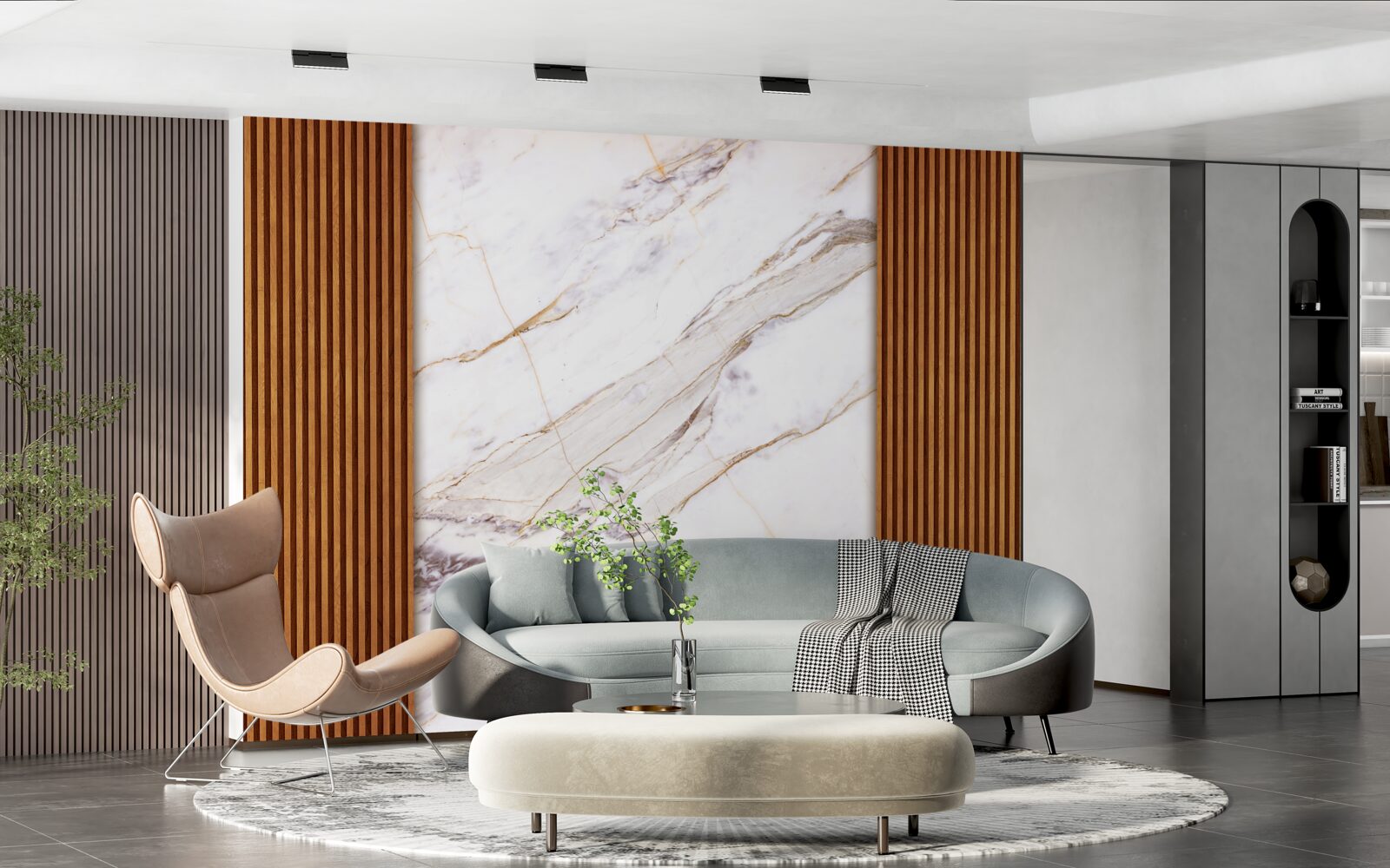 Papier peint bois décoré de marbre blanc