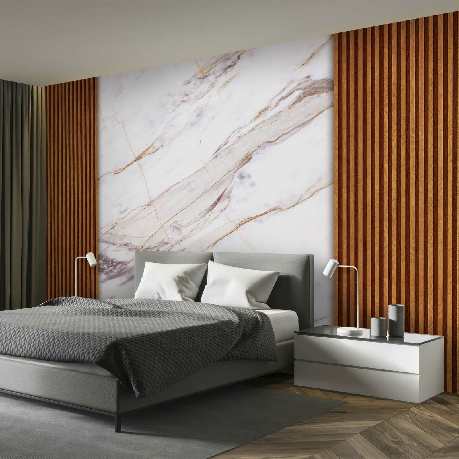 Papier peint bois décoré de marbre blanc