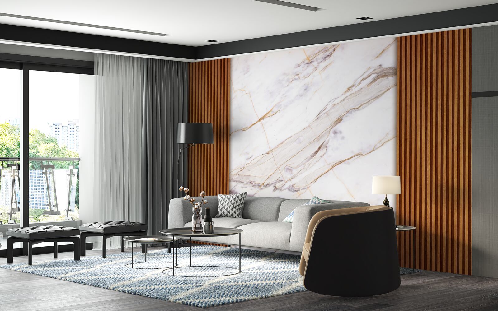 Papier peint bois décoré de marbre blanc