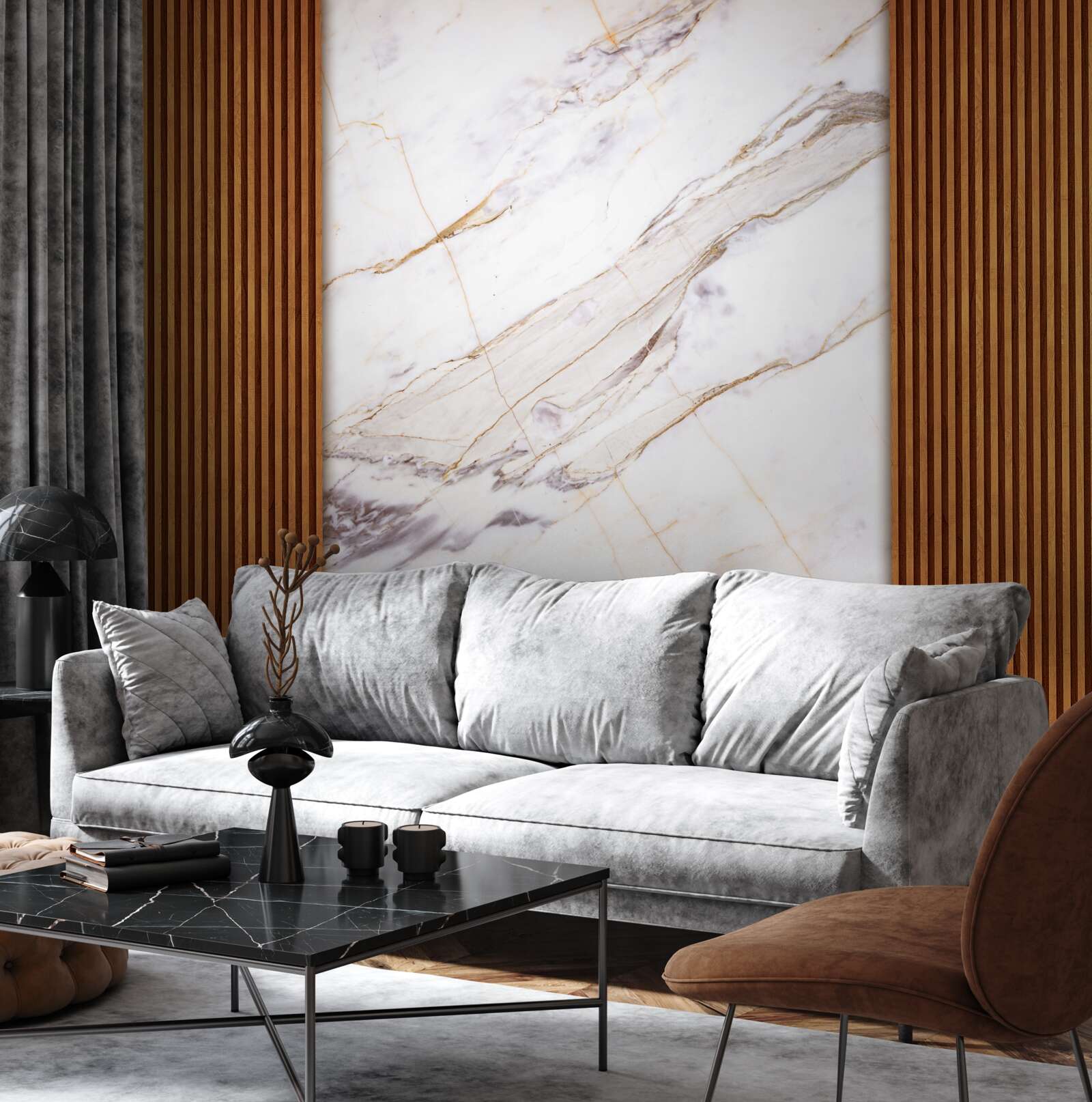 Papier peint bois décoré de marbre blanc