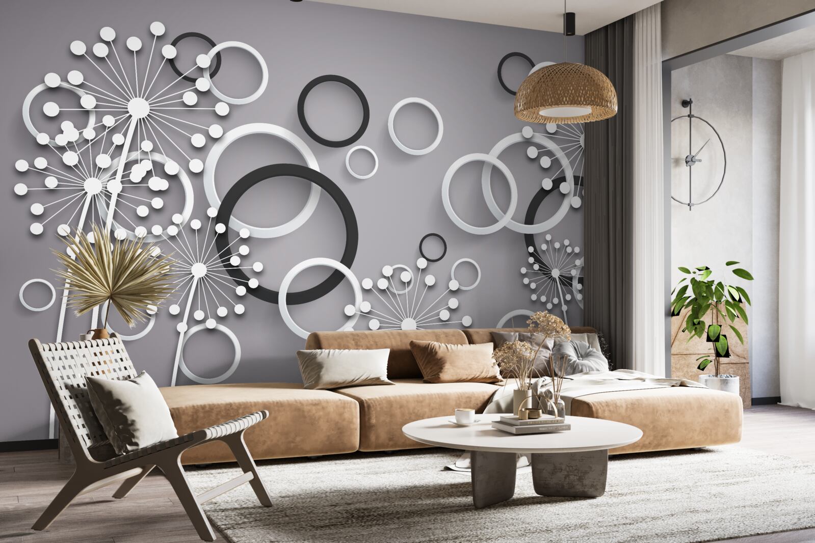 Papier peint cercles gris et asclépiades