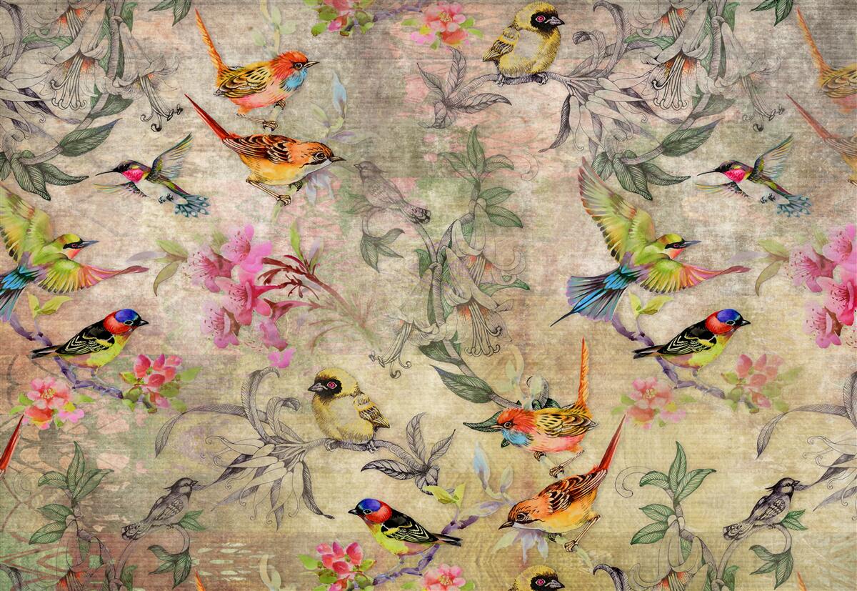 Papier peint groupe d'oiseaux exotiques dans les arbres
