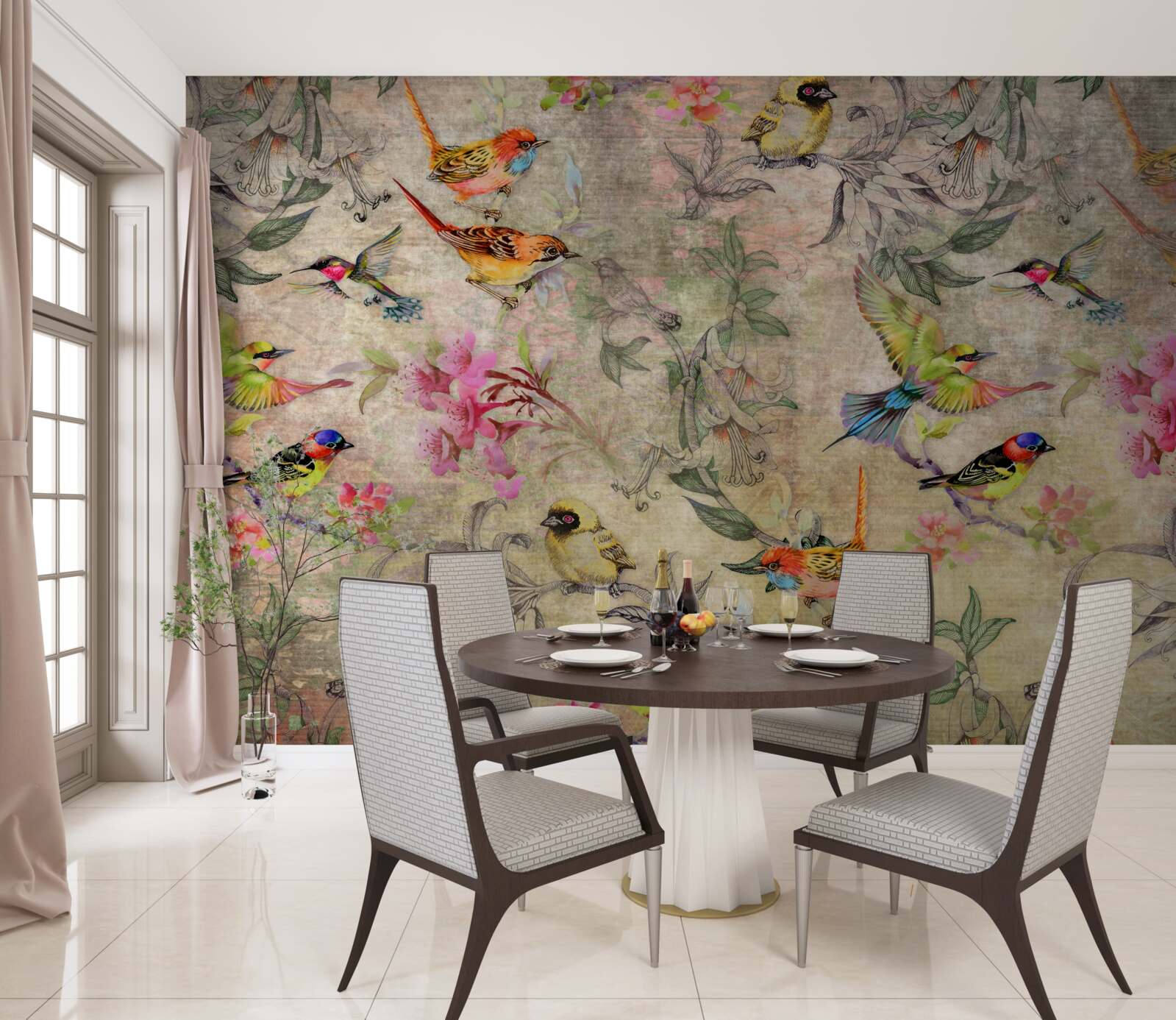 Papier peint groupe d'oiseaux exotiques dans les arbres