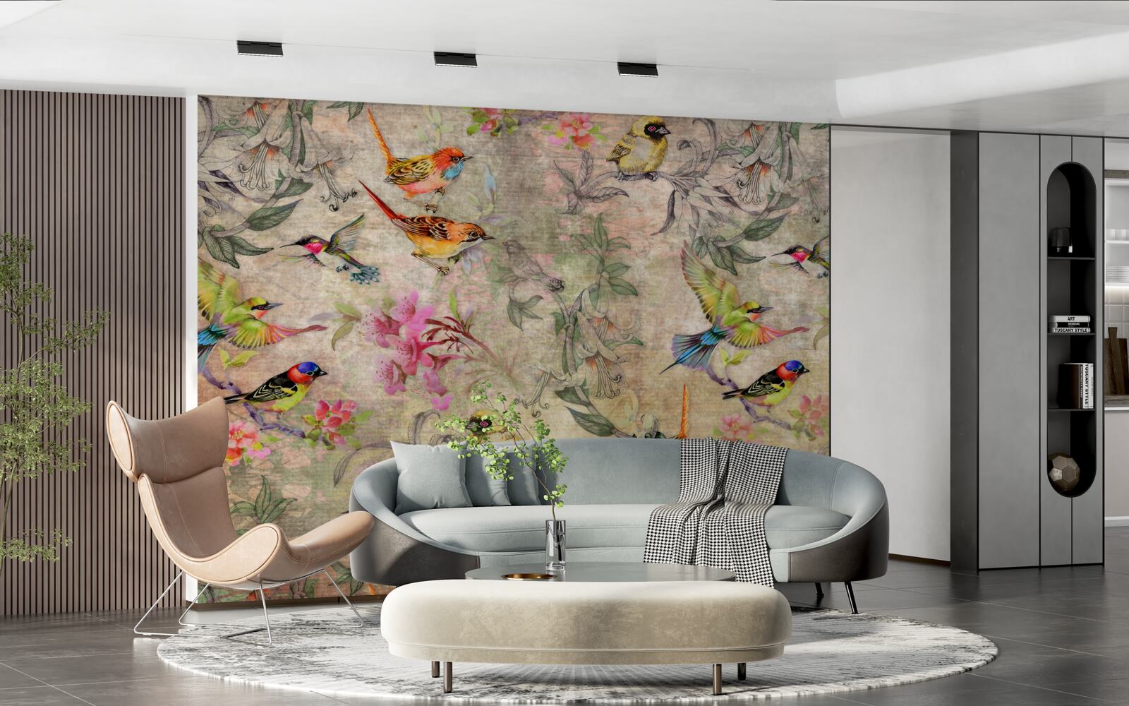 Papier peint groupe d'oiseaux exotiques dans les arbres