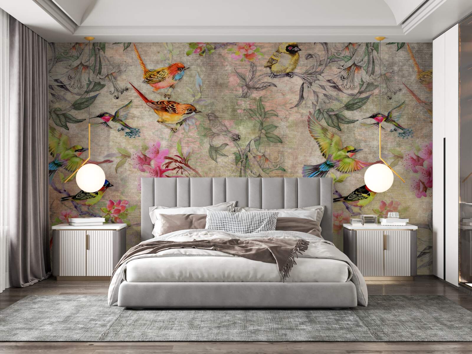 Papier peint groupe d'oiseaux exotiques dans les arbres