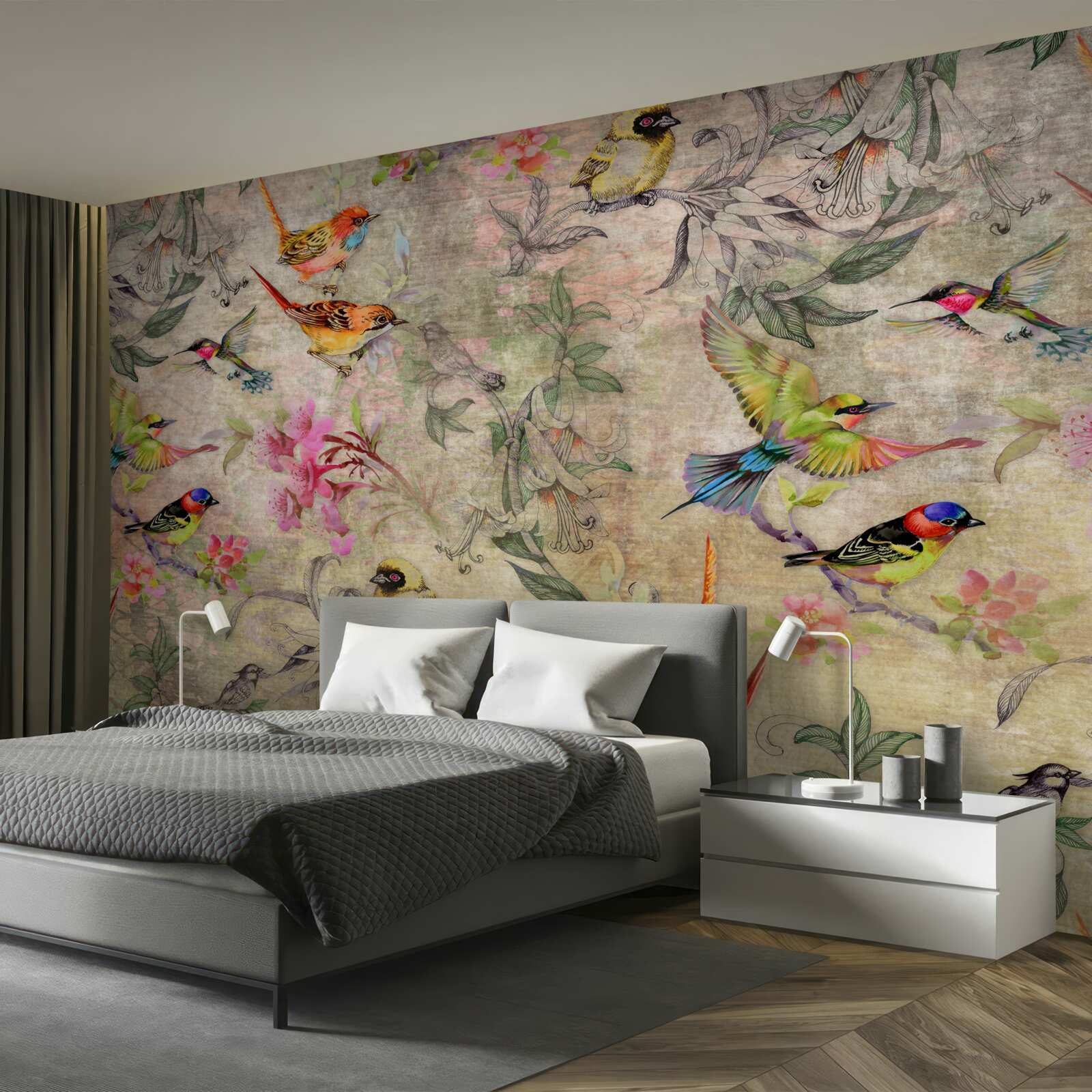 Papier peint groupe d'oiseaux exotiques dans les arbres