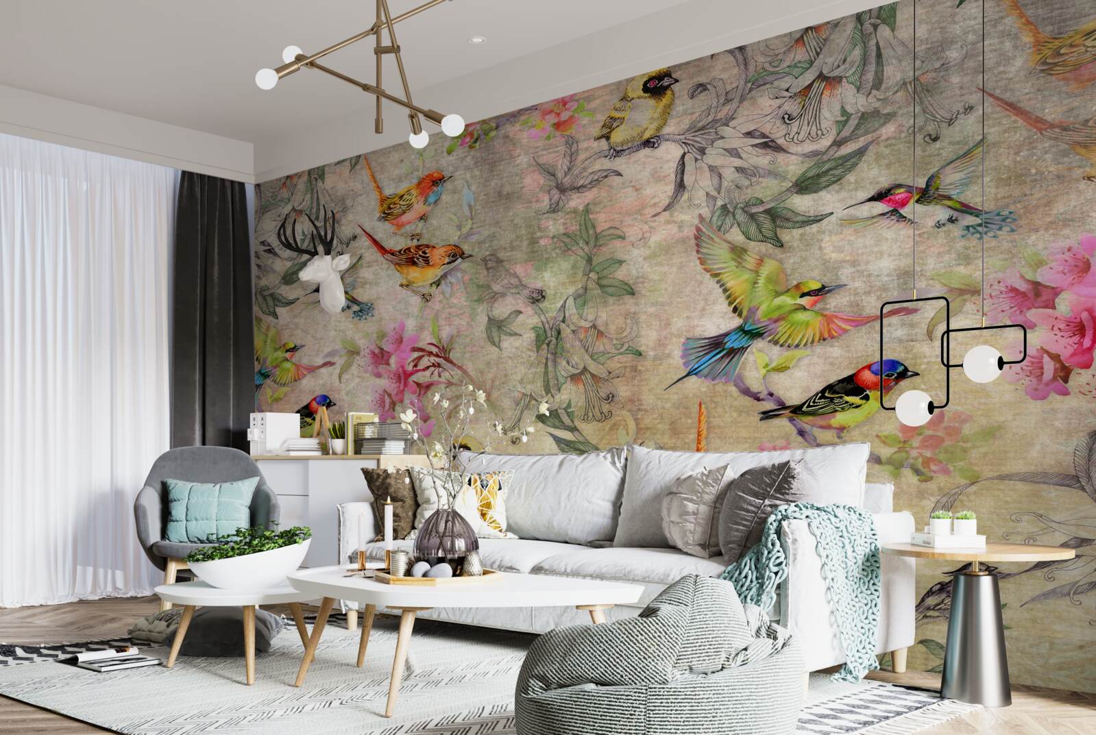 Papier peint groupe d'oiseaux exotiques dans les arbres