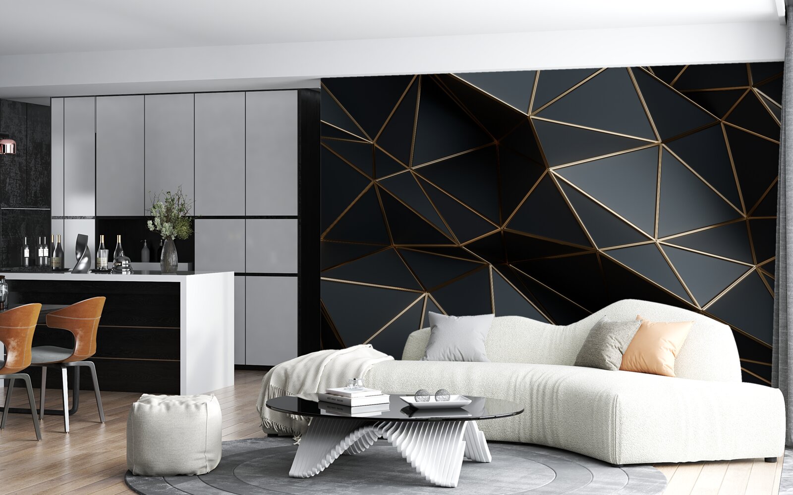 Papier peint objets 3d noir et or