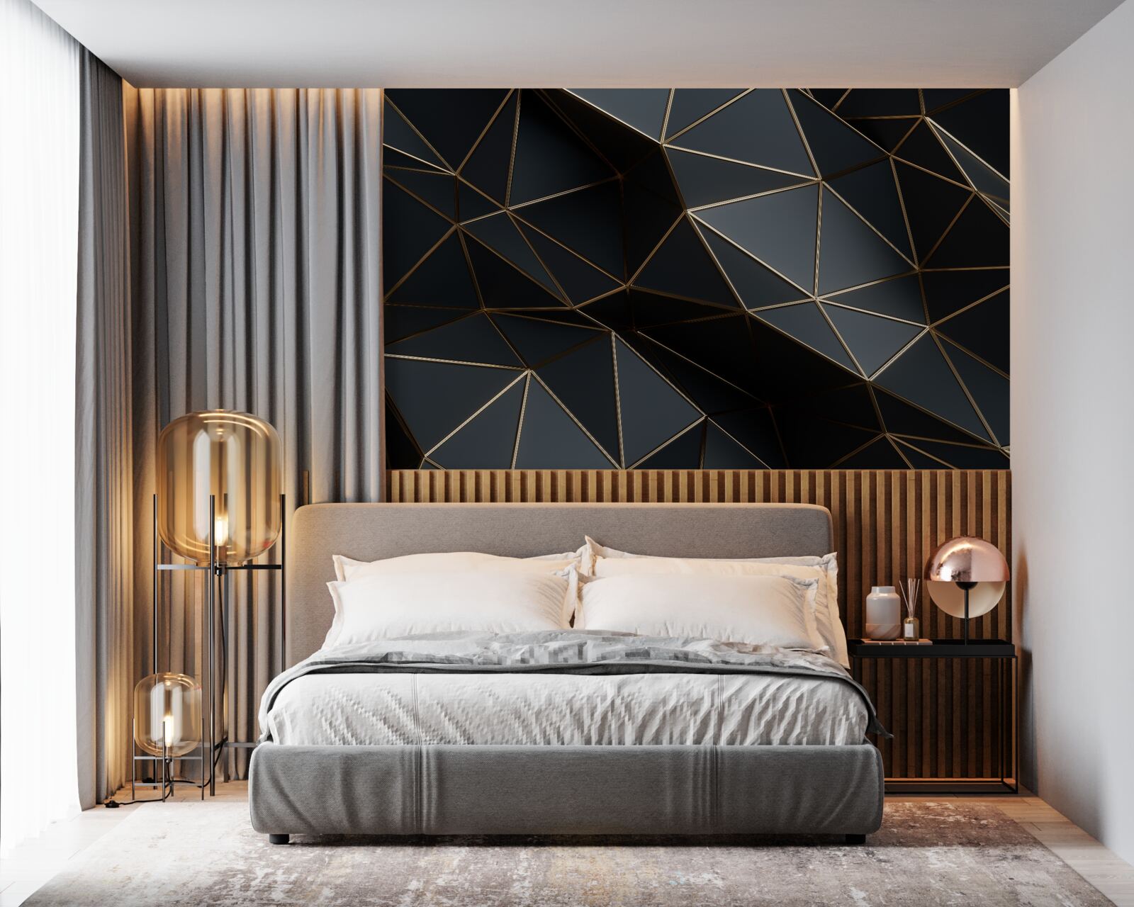 Papier peint objets 3d noir et or