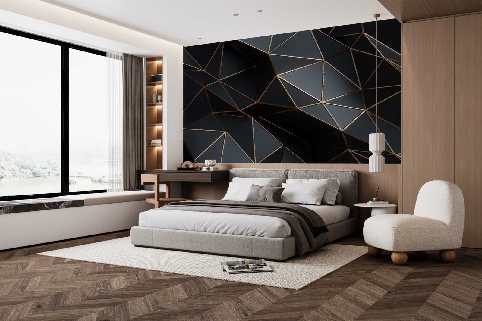 Papier peint objets 3d noir et or