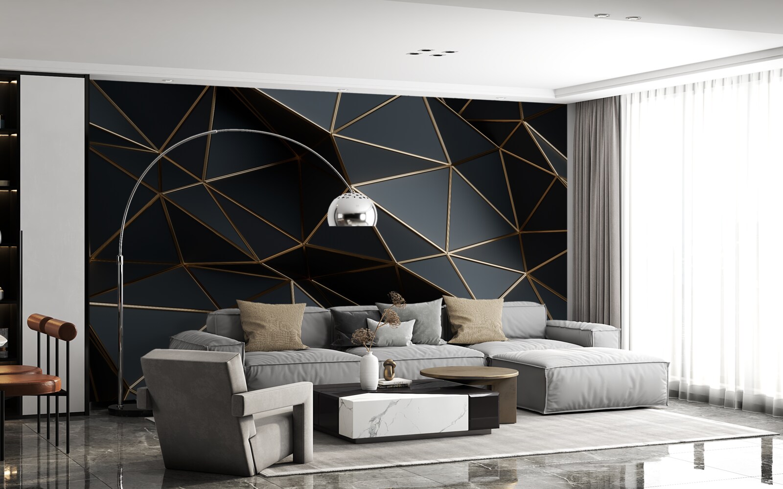 Papier peint objets 3d noir et or