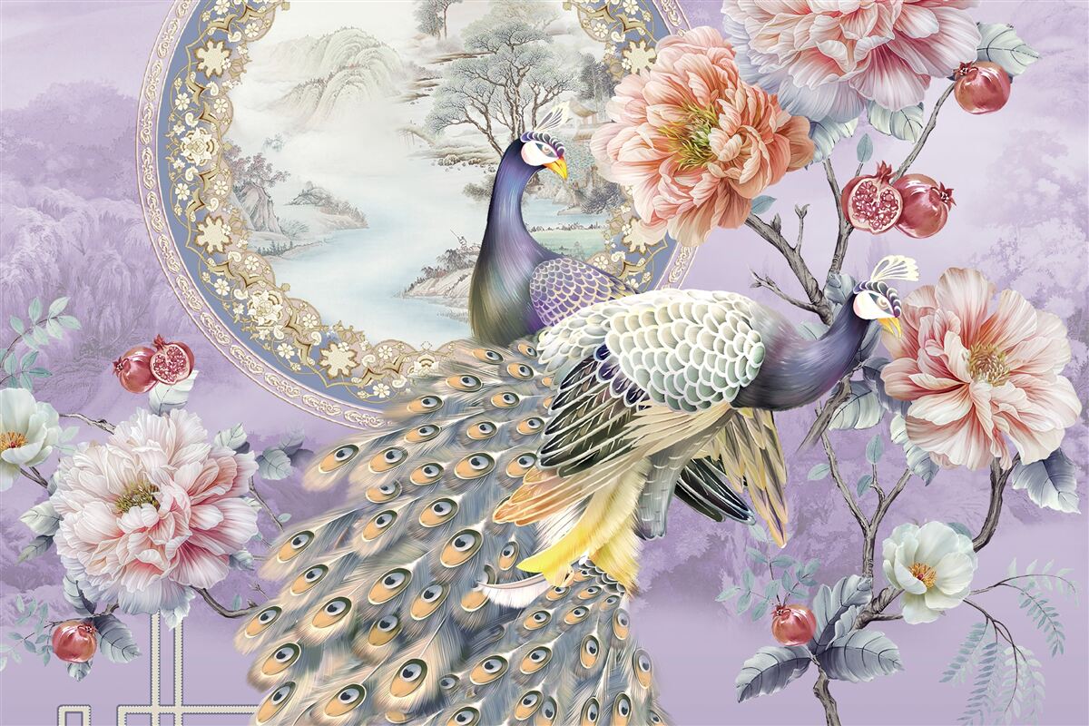 Papier peint élégants paons parmi les fleurs