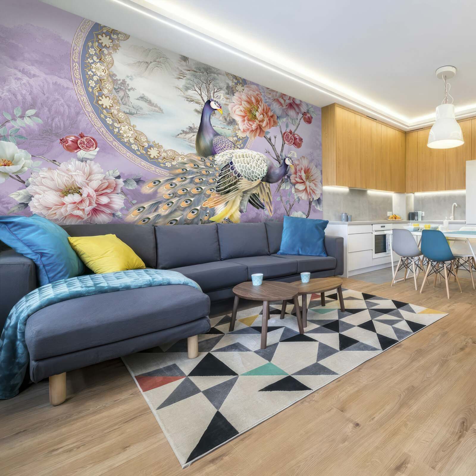 Papier peint élégants paons parmi les fleurs