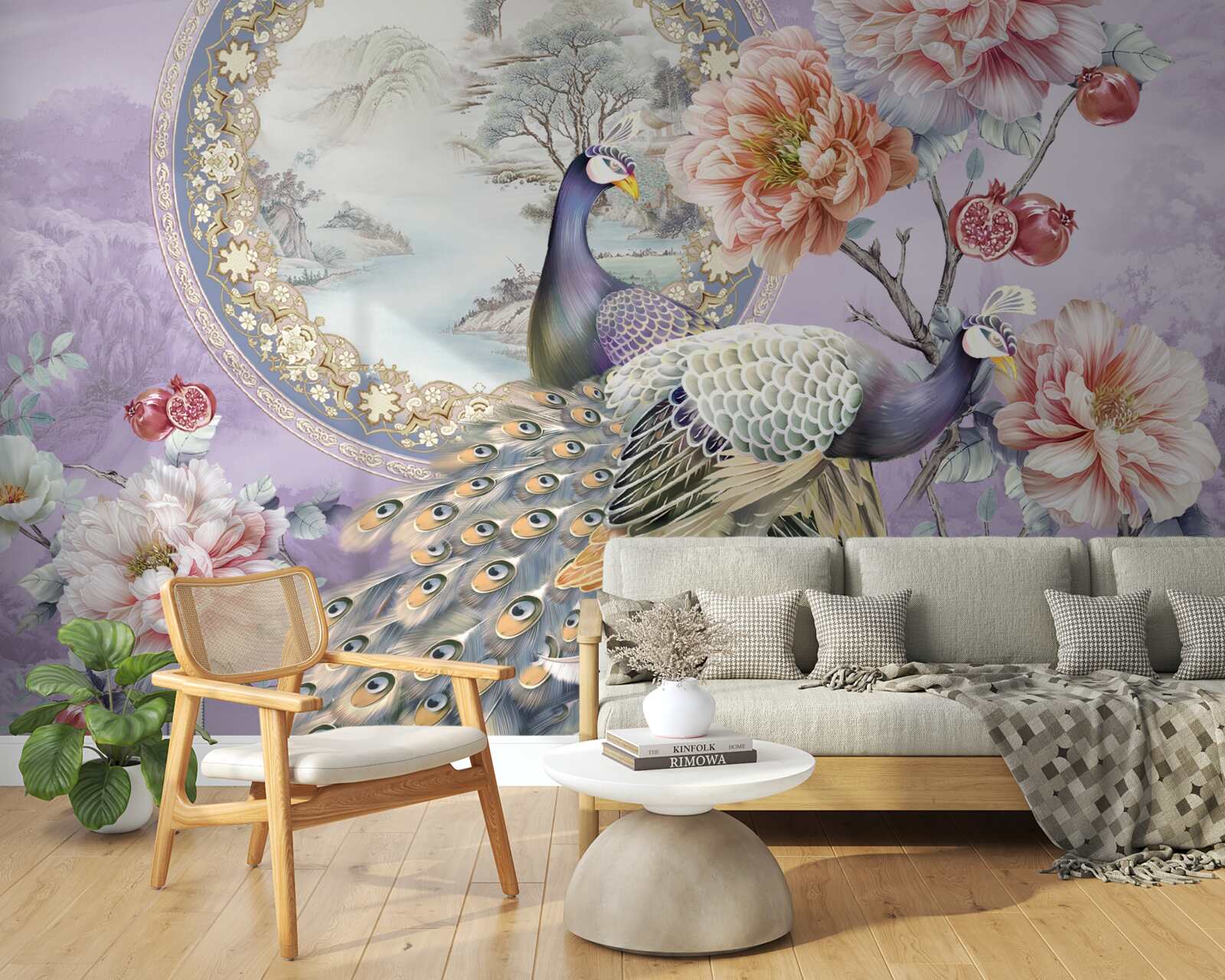Papier peint élégants paons parmi les fleurs