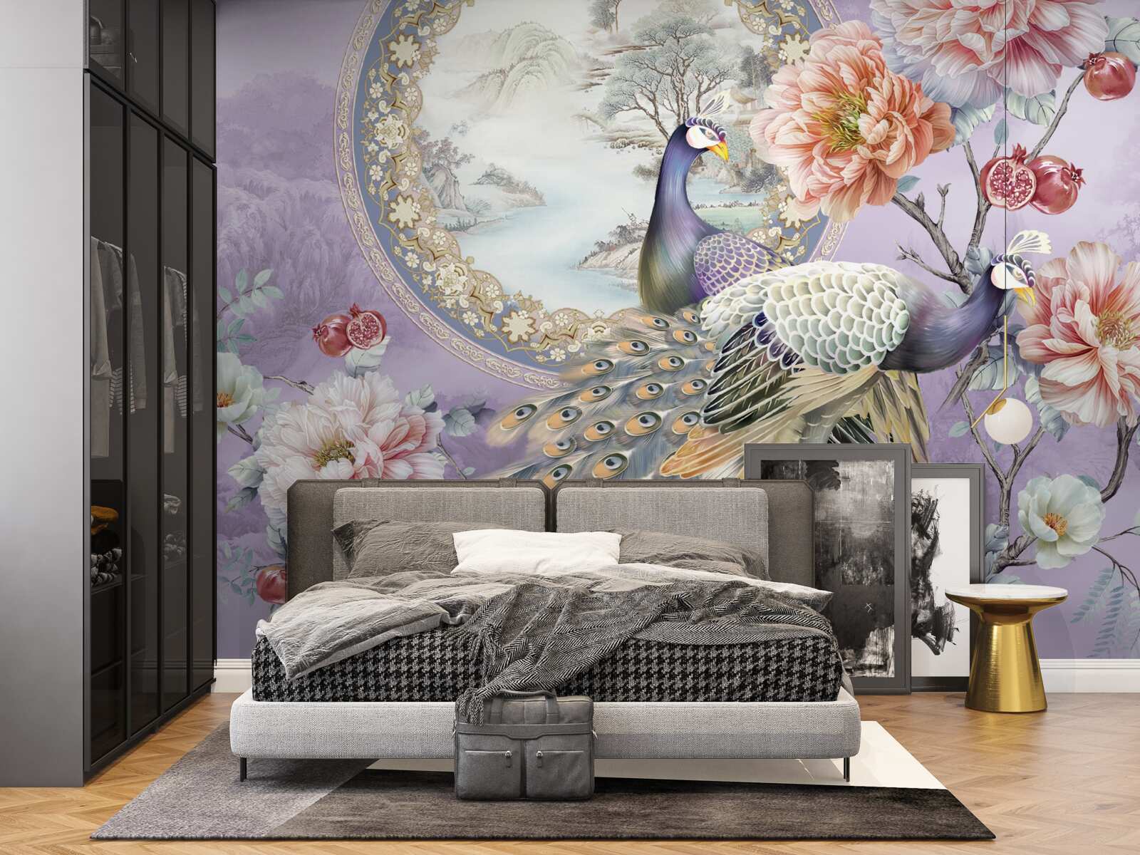 Papier peint élégants paons parmi les fleurs