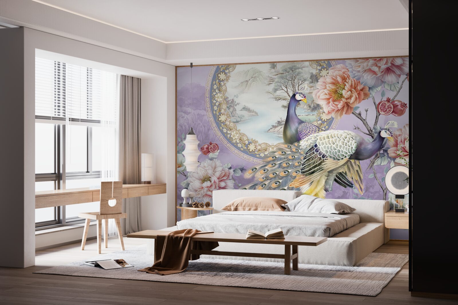 Papier peint élégants paons parmi les fleurs