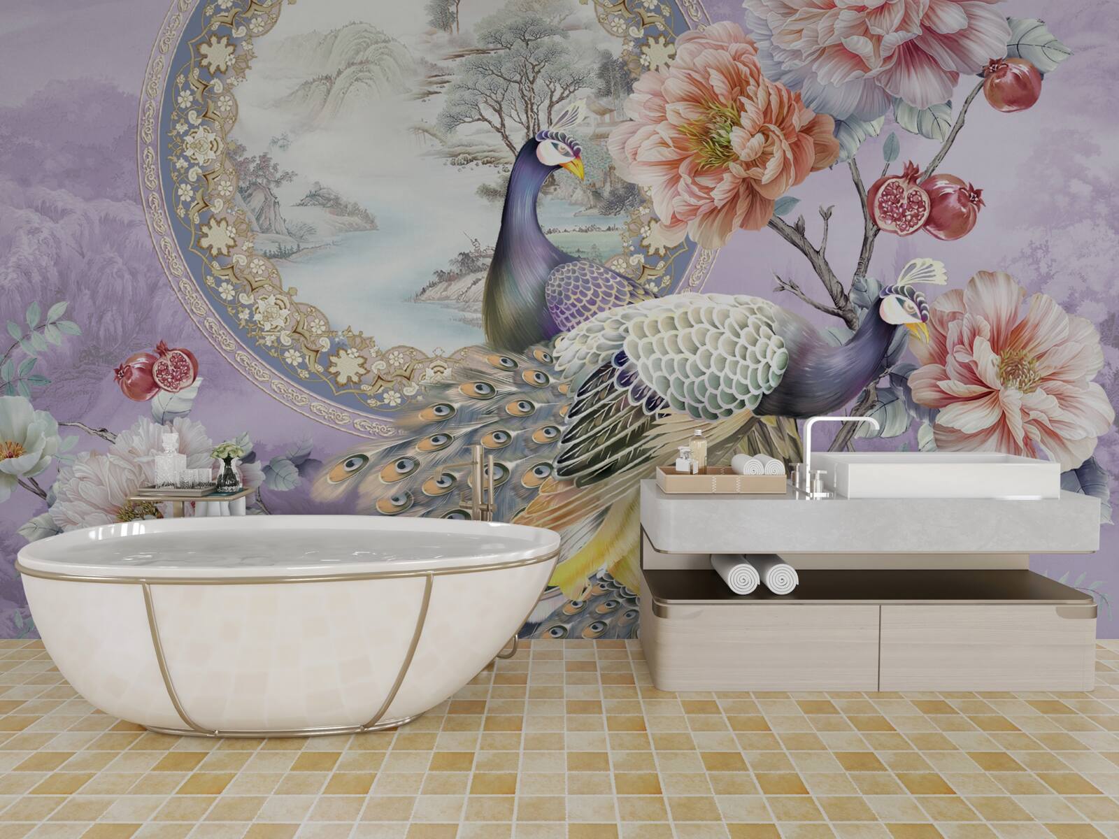 Papier peint élégants paons parmi les fleurs