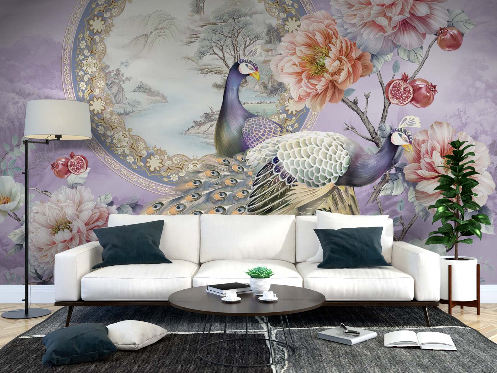 Papier peint élégants paons parmi les fleurs
