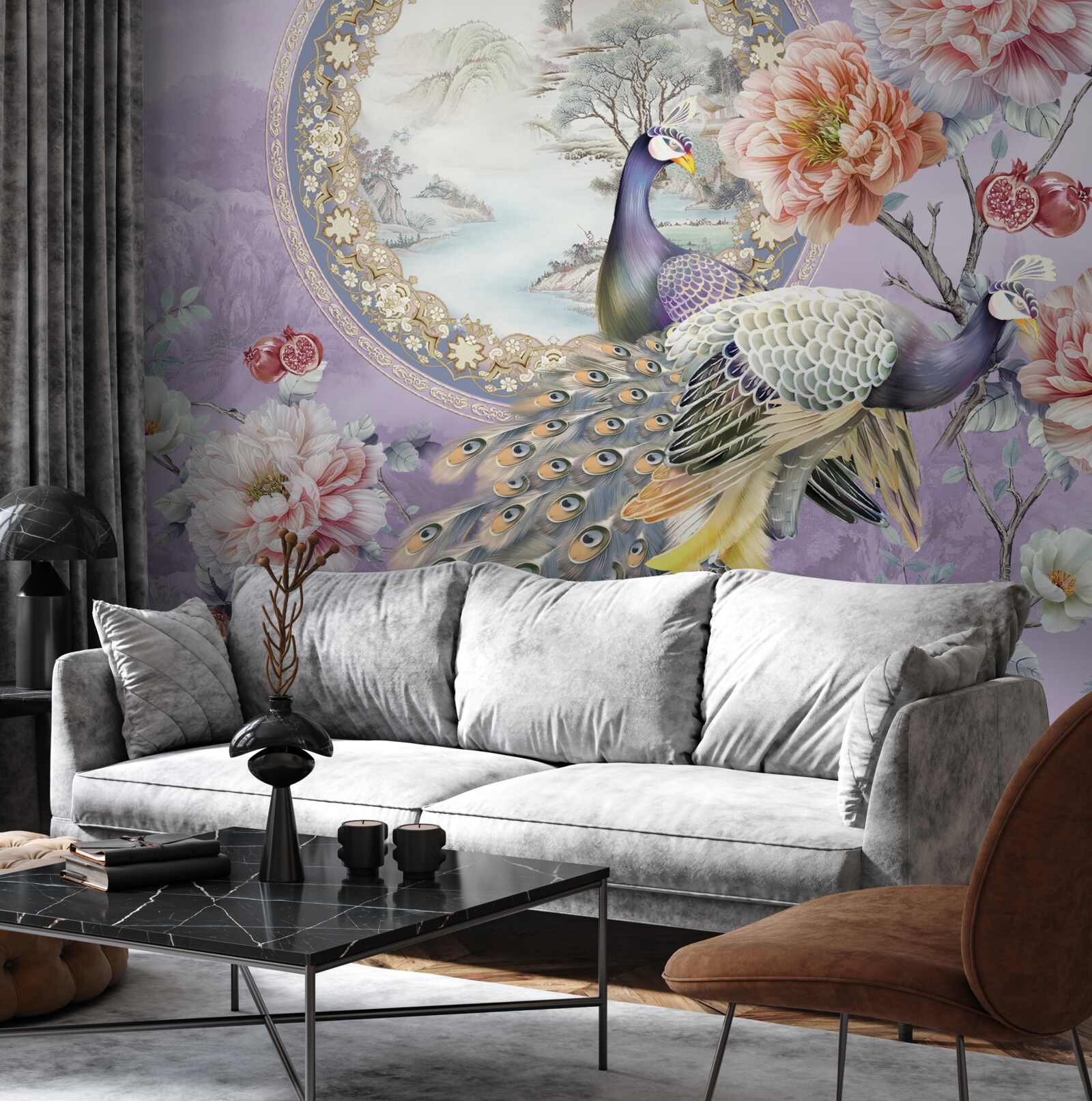 Papier peint élégants paons parmi les fleurs