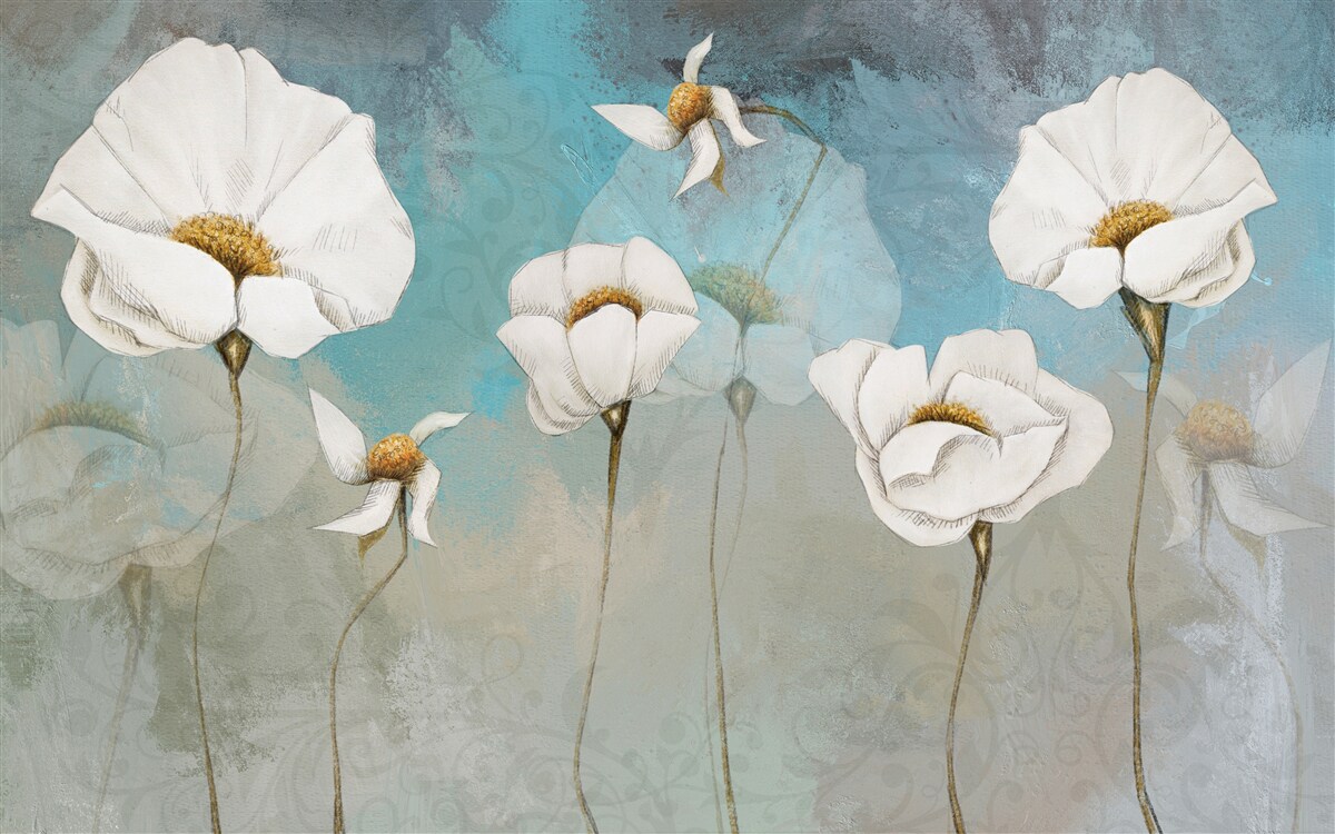 Papier peint délicates fleurs de pavot blanc