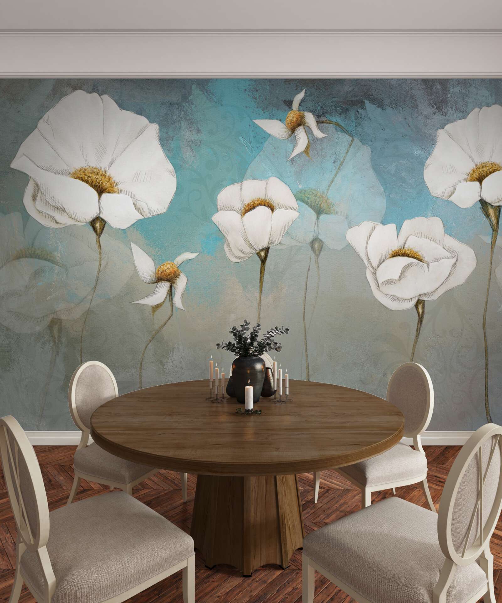 Papier peint délicates fleurs de pavot blanc