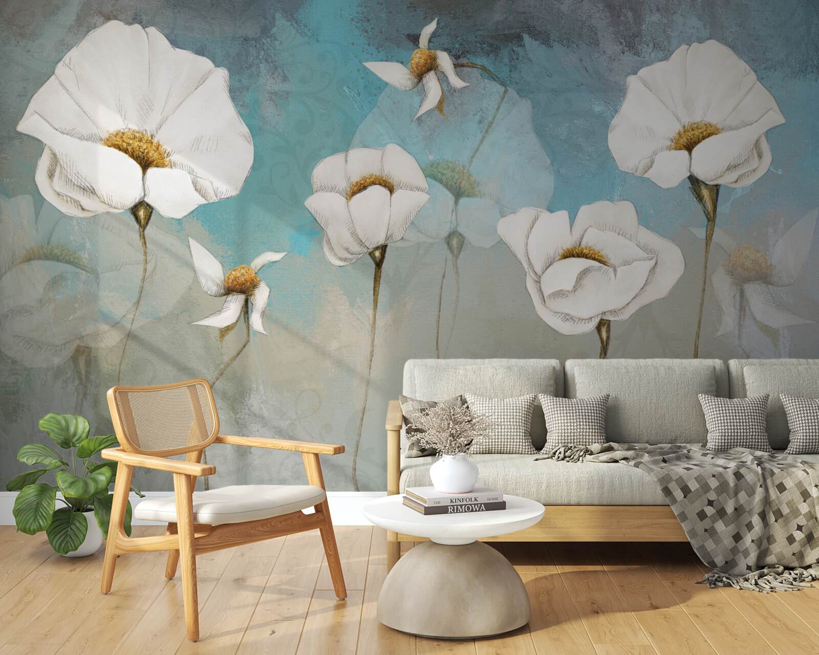 Papier peint délicates fleurs de pavot blanc