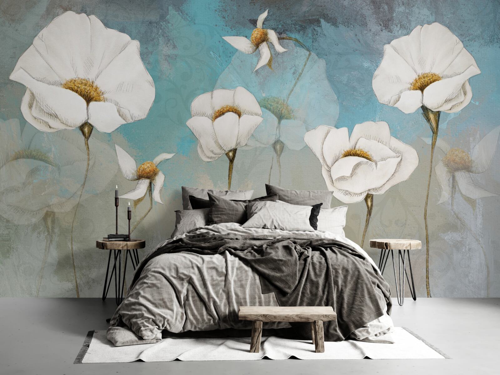 Papier peint délicates fleurs de pavot blanc