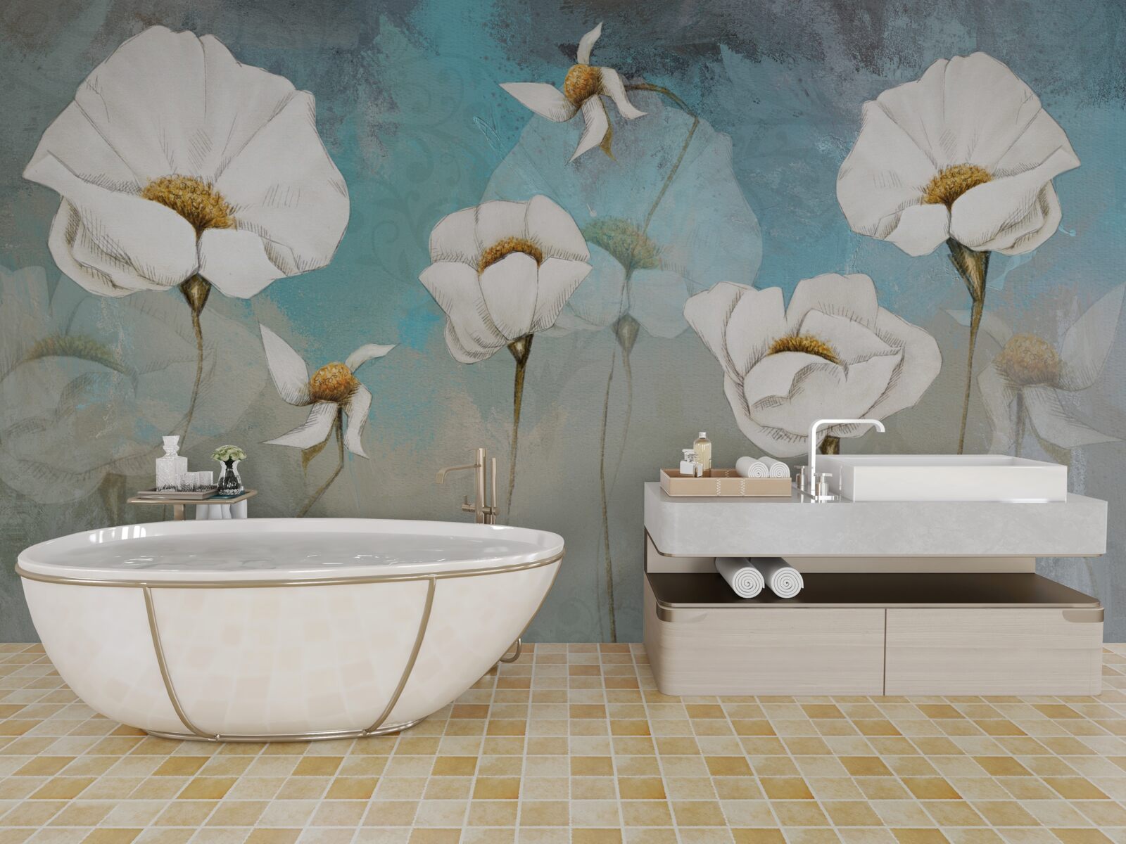 Papier peint délicates fleurs de pavot blanc