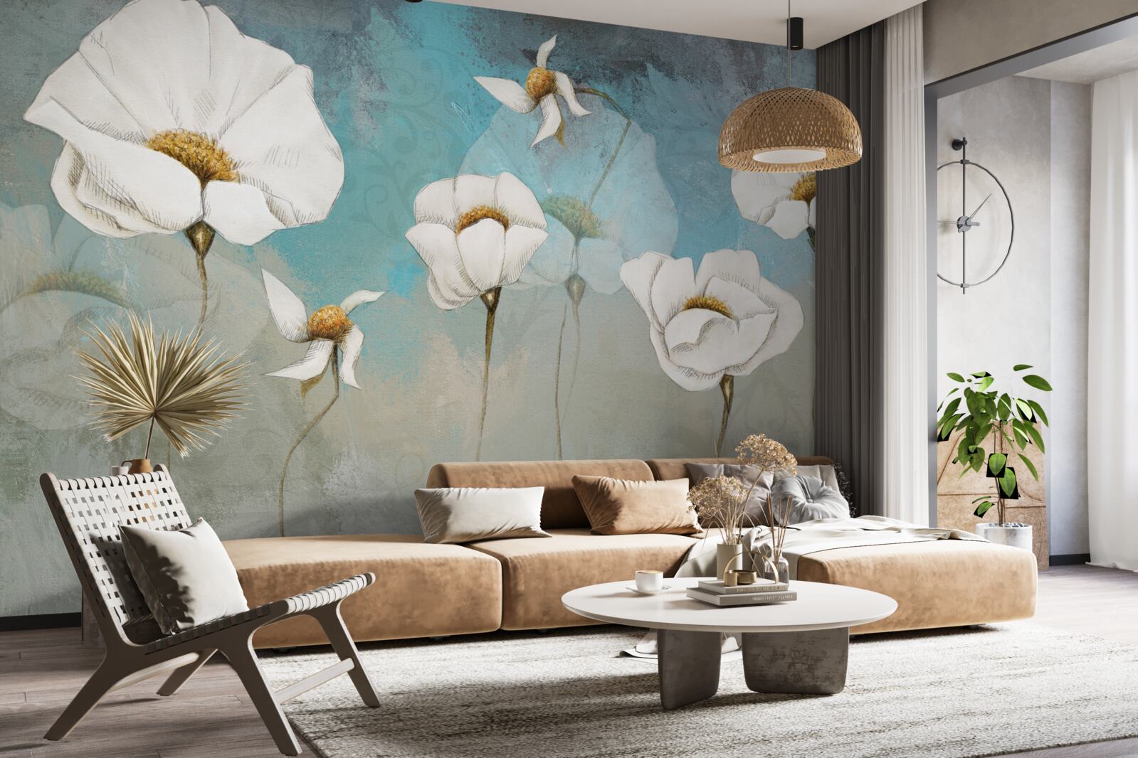 Papier peint délicates fleurs de pavot blanc