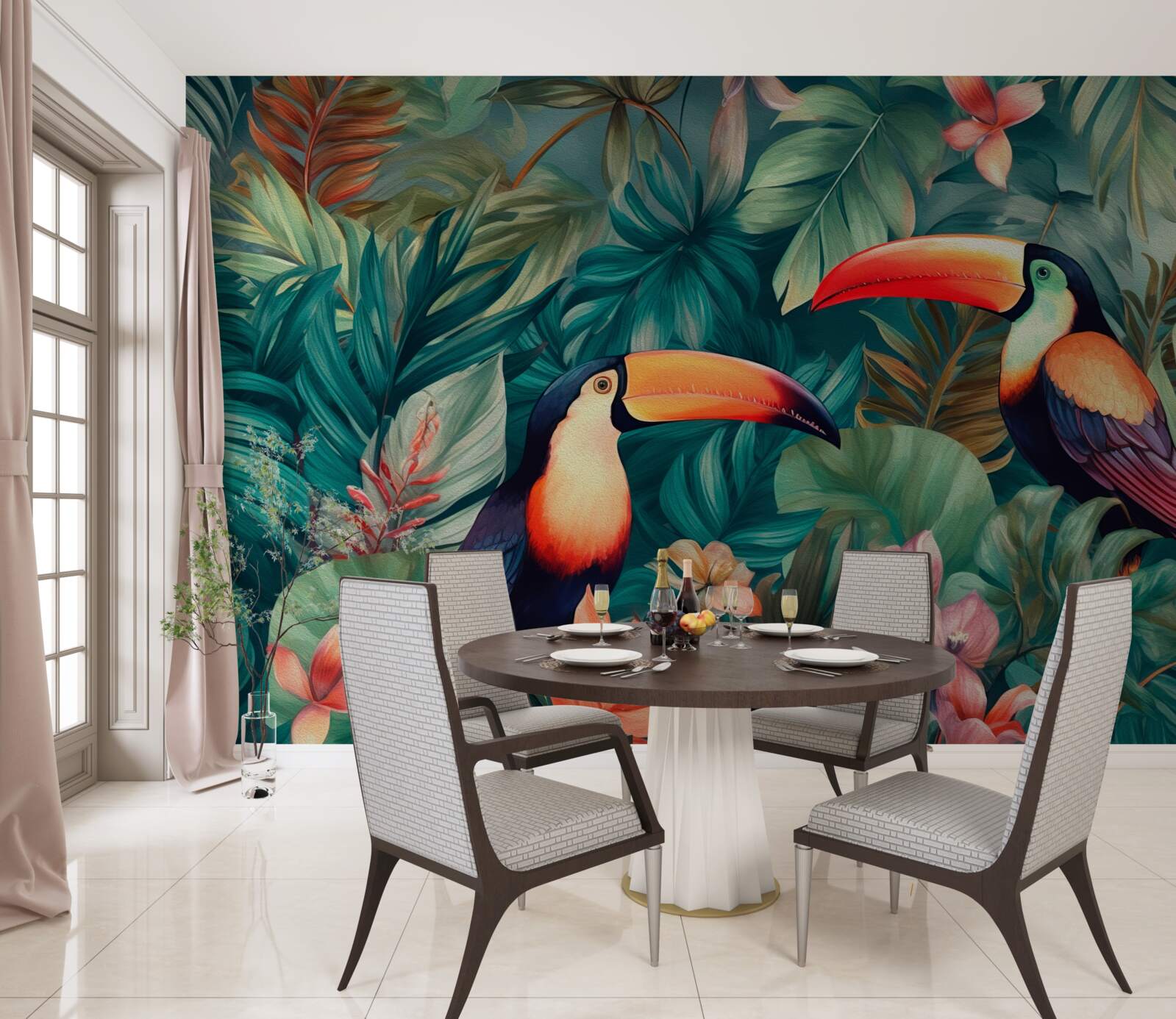 Papier peint grands perroquets parmi les feuilles