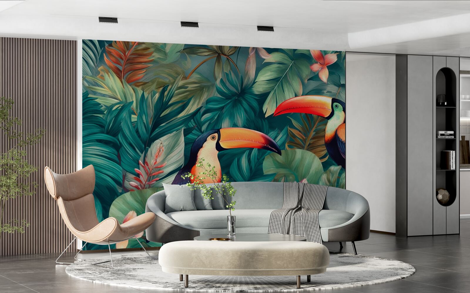 Papier peint grands perroquets parmi les feuilles