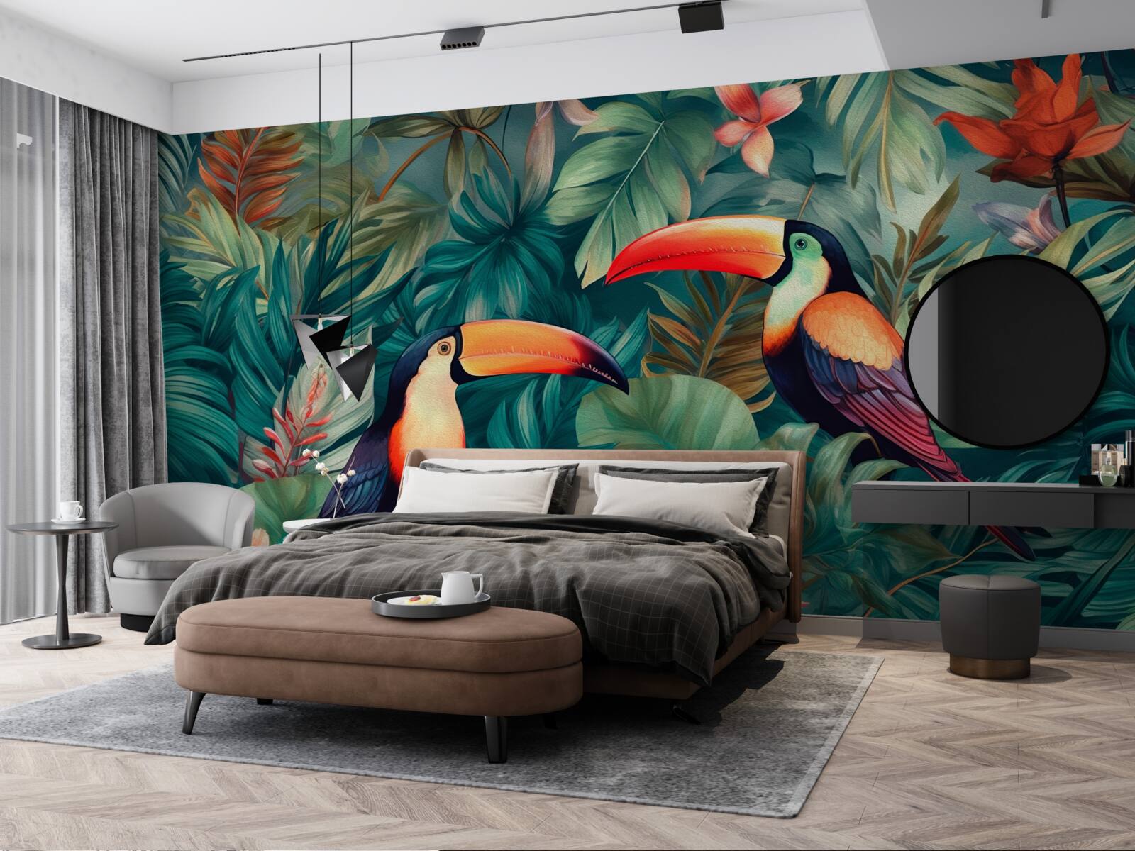 Papier peint grands perroquets parmi les feuilles