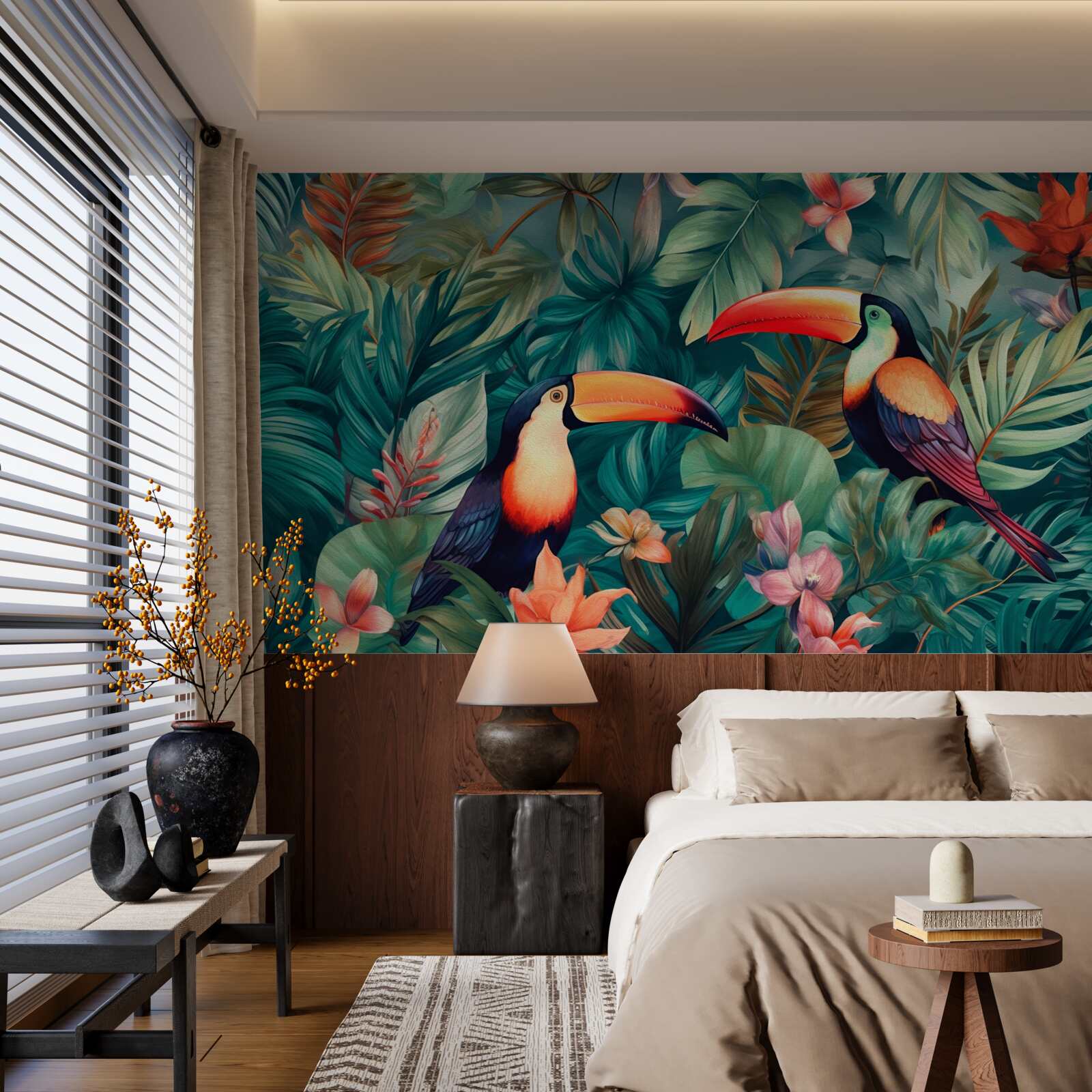 Papier peint grands perroquets parmi les feuilles