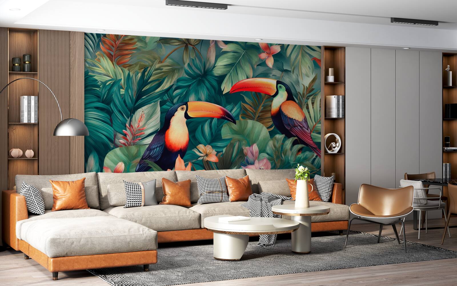 Papier peint grands perroquets parmi les feuilles