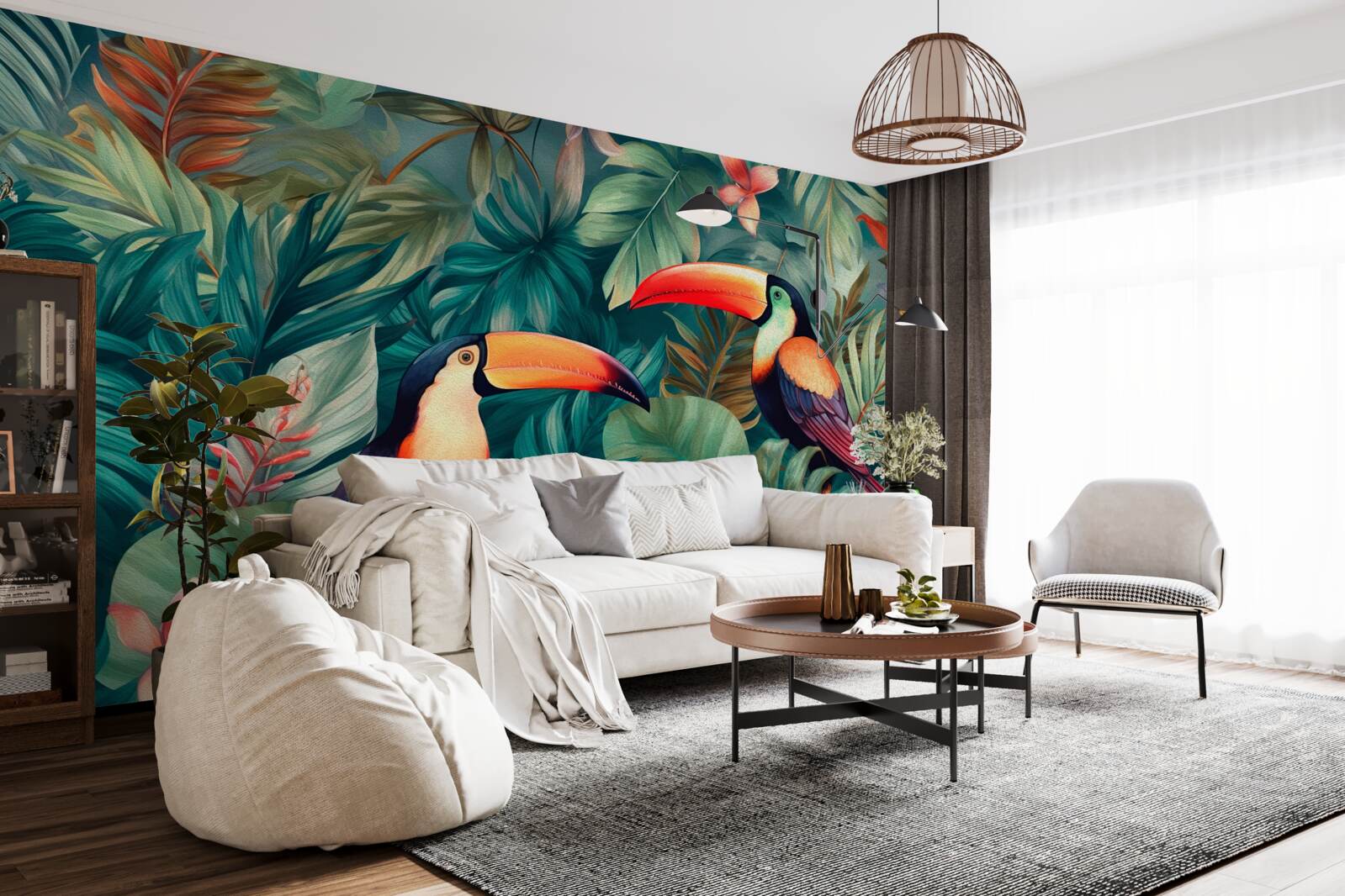 Papier peint grands perroquets parmi les feuilles