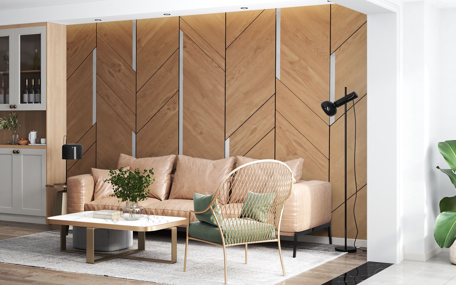 Papier peint parquet brun avec éclairage intégré