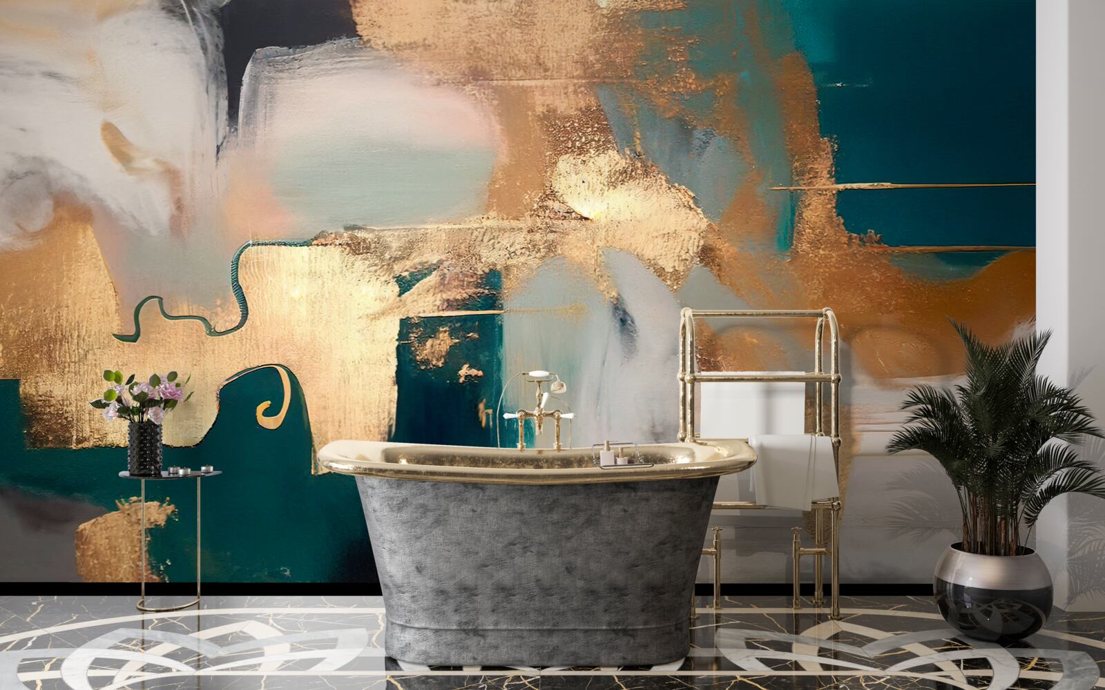 Papier peint or maculé sur marbre gris